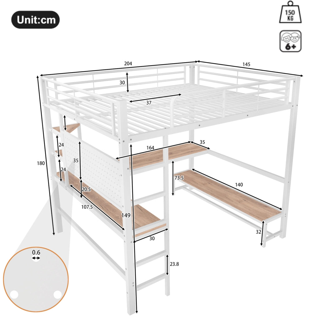 Letto a soppalco 140x200 cm con scrivania; LED e prese USB e Type-C in metallo bianco