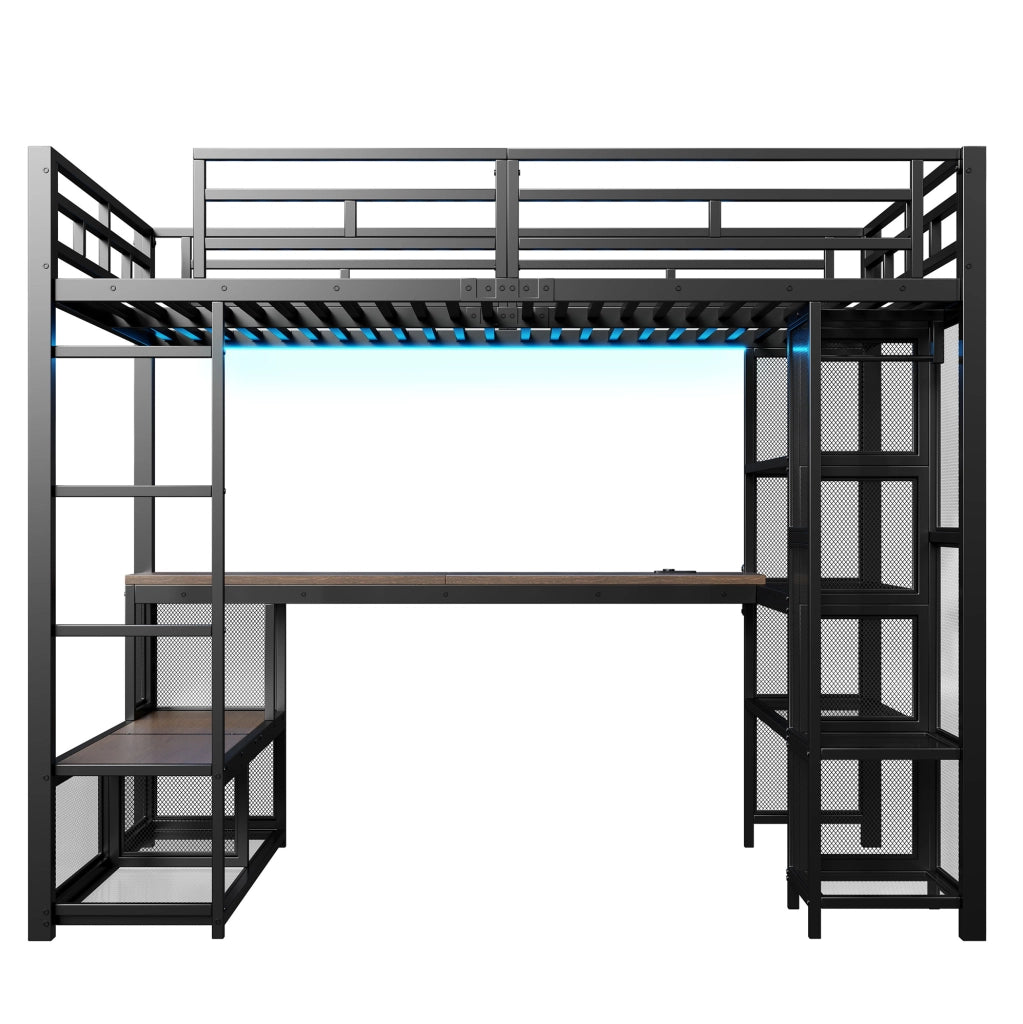 Letto a soppalco 140x200 cm con scrivania; ripiani; LED e guardaroba aperto in metallo nero