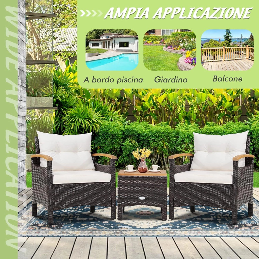 Set di 3 Pezzi di Mobili da Patio, 1 Tavolino e 2 Sedie, con Cuscino Rimovibile, Set di Divani in Rattan per Cortile Piscina Balcone e Patio