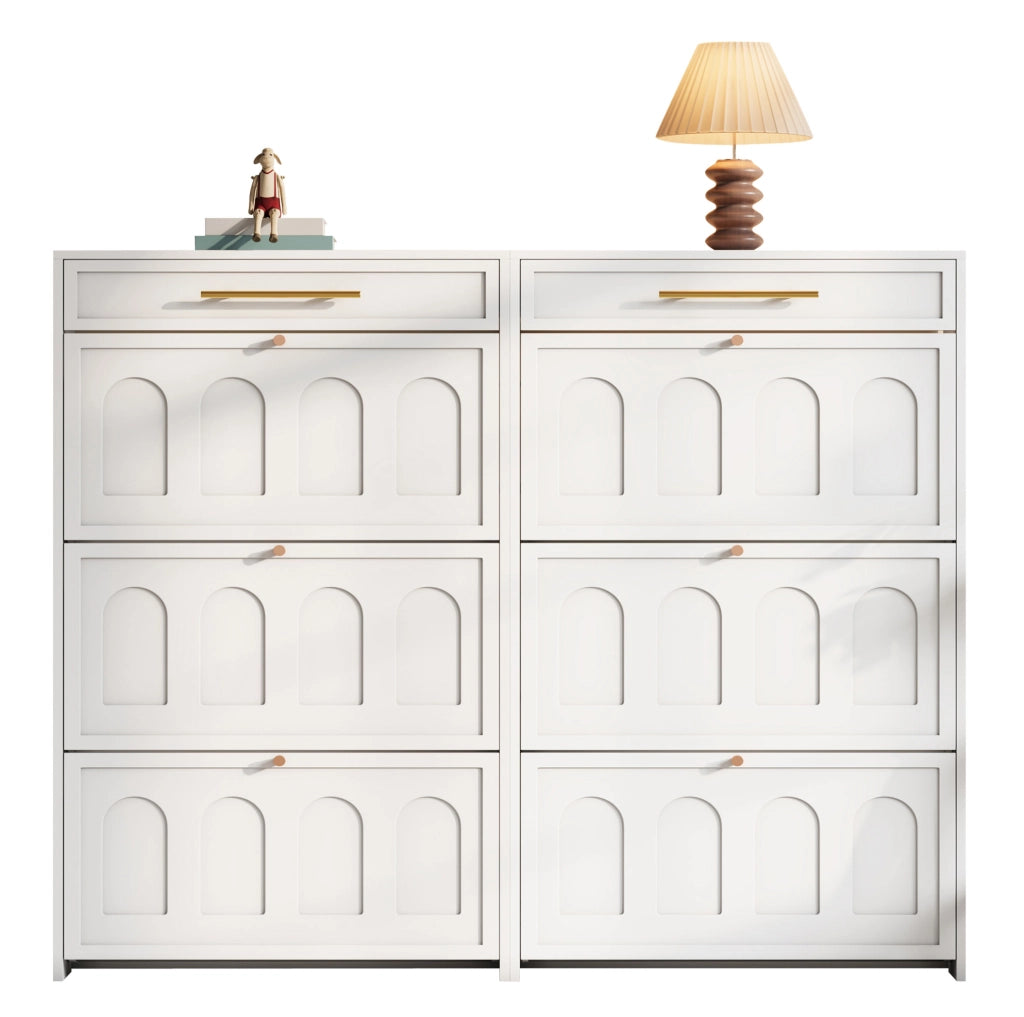 Scarpiera moderna con 12 ripiani e 2 cassetti; 140x25x123;5 cm; MDF; bianca