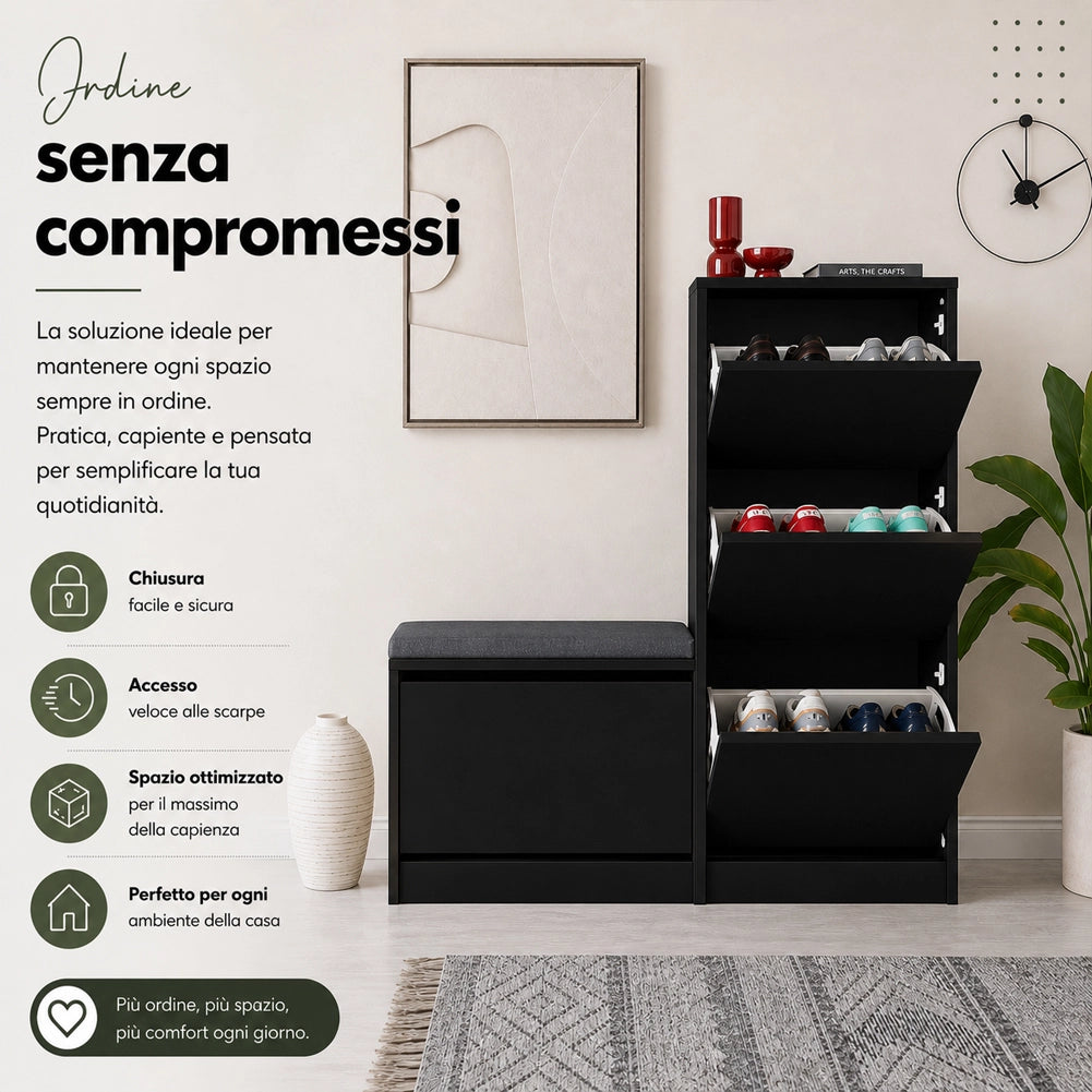Scarpiera Salvaspazio 3 Ante Mobile Portascarpe 105x118,5 cm Multiuso Nero