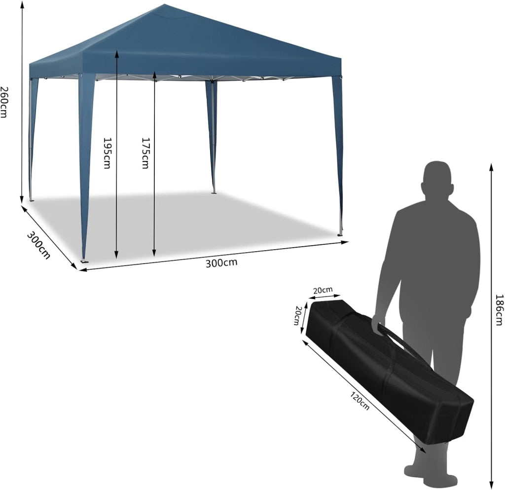 Gazebo da Giardino Richiudibile 3x3m Gazebo da Esterno in Ferro Regolabile in Altezza Tendone Pieghevole con Set di 4 Sacchi di Sabbia, Facile da Montare Blu