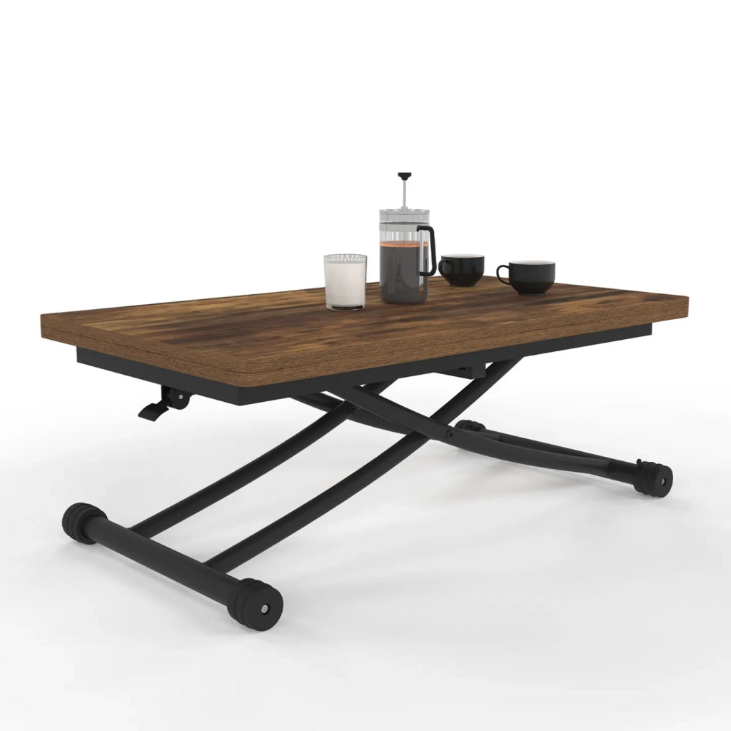 IDMarket - Tavolino 2 in 1 URBANA, trasformabile in tavolo da pranzo rettangolare, 100 cm, legno scuro e nero, design industriale