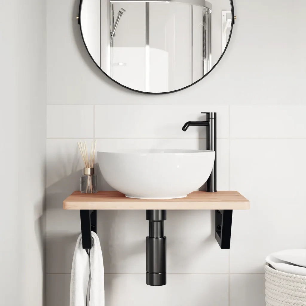 Ripiano a Parete per Lavabo-Mensole a Muro in Acciaio e Massello di Faggio 851263