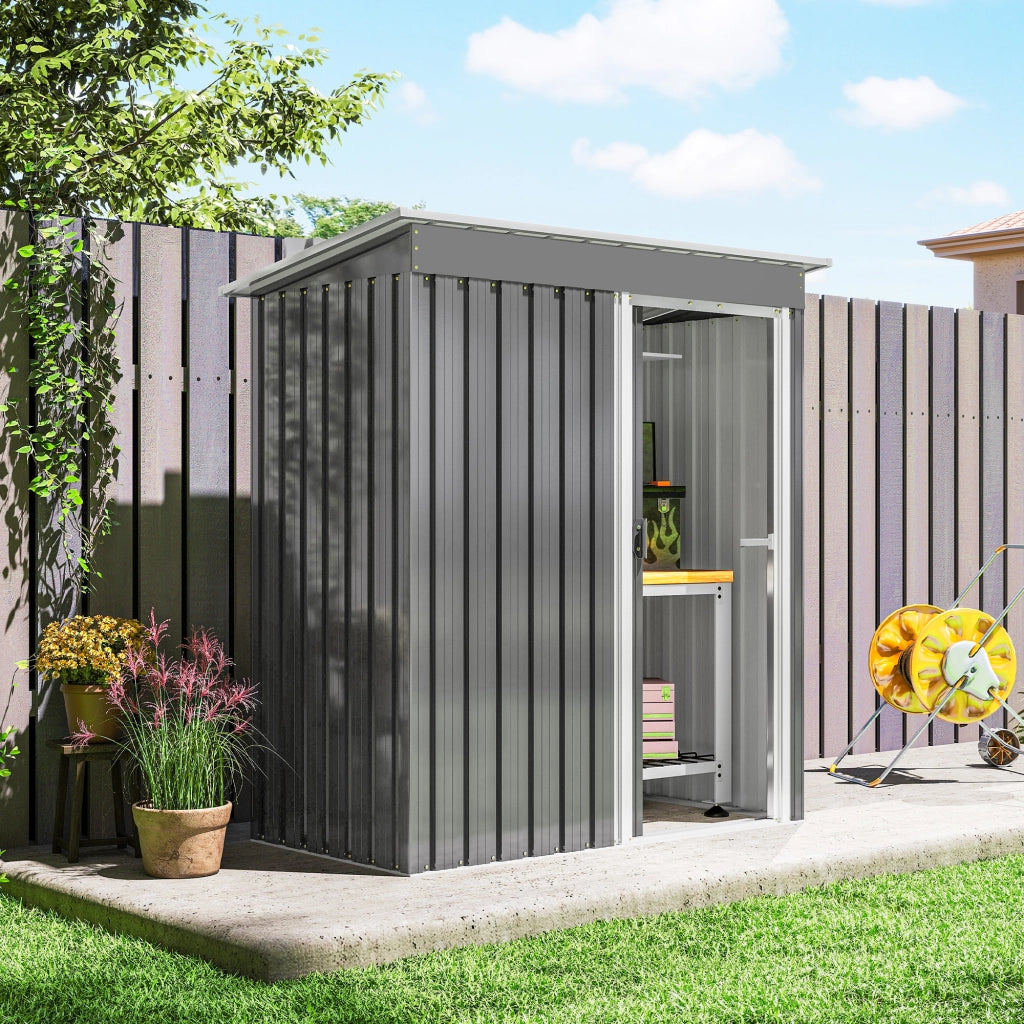 Capanno Box Attrezzi 163x89x182 cm con Tetto Inclinato e Porta Scorrevole in Acciaio e PP Grigio Chiaro