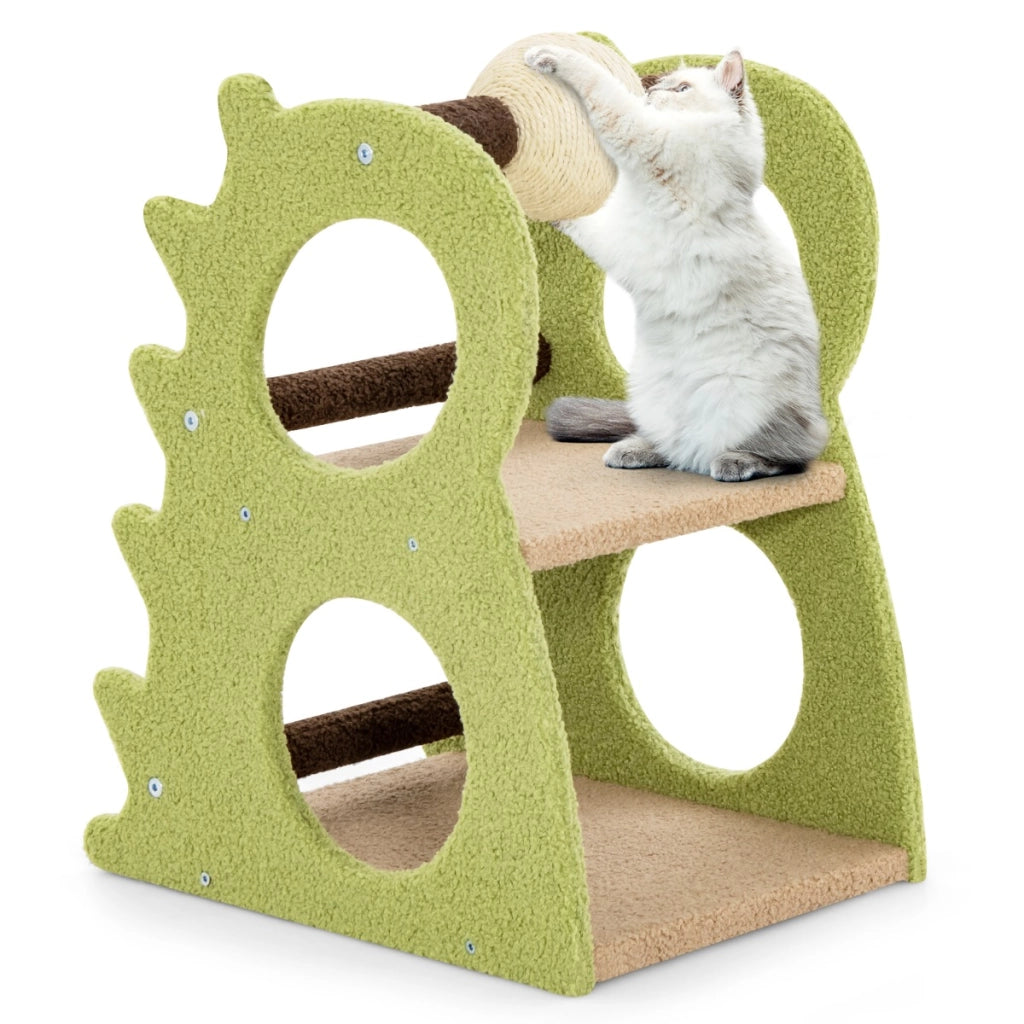 Albero tiragraffi moderno a 2 livelli da interno tessuto peluche morbido-Torre per gatti a forma di dinosauro con palla girevole in sisal Verde