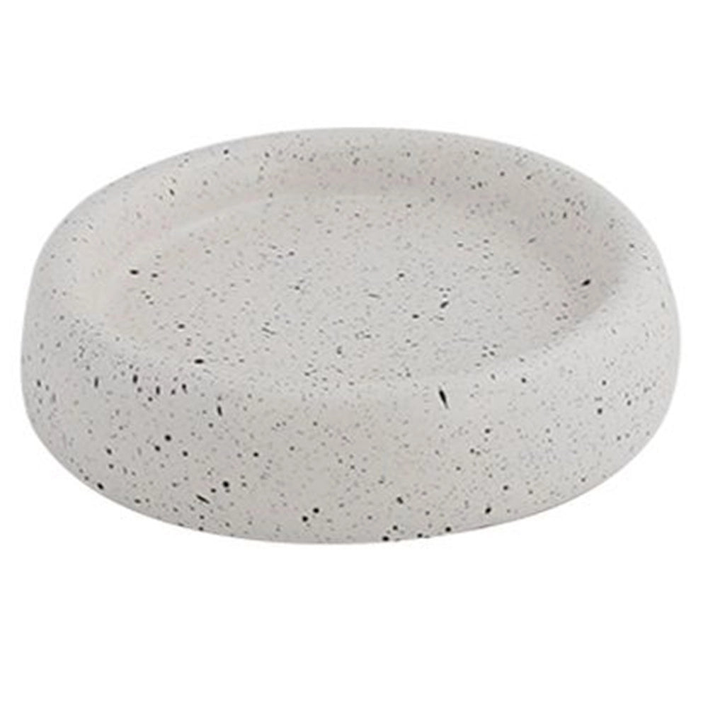 Trade Shop - Piatto Piattino Porta Sapone Bagno Tondo Ceramica Bianco Effetto Pietra Granito 87807 -