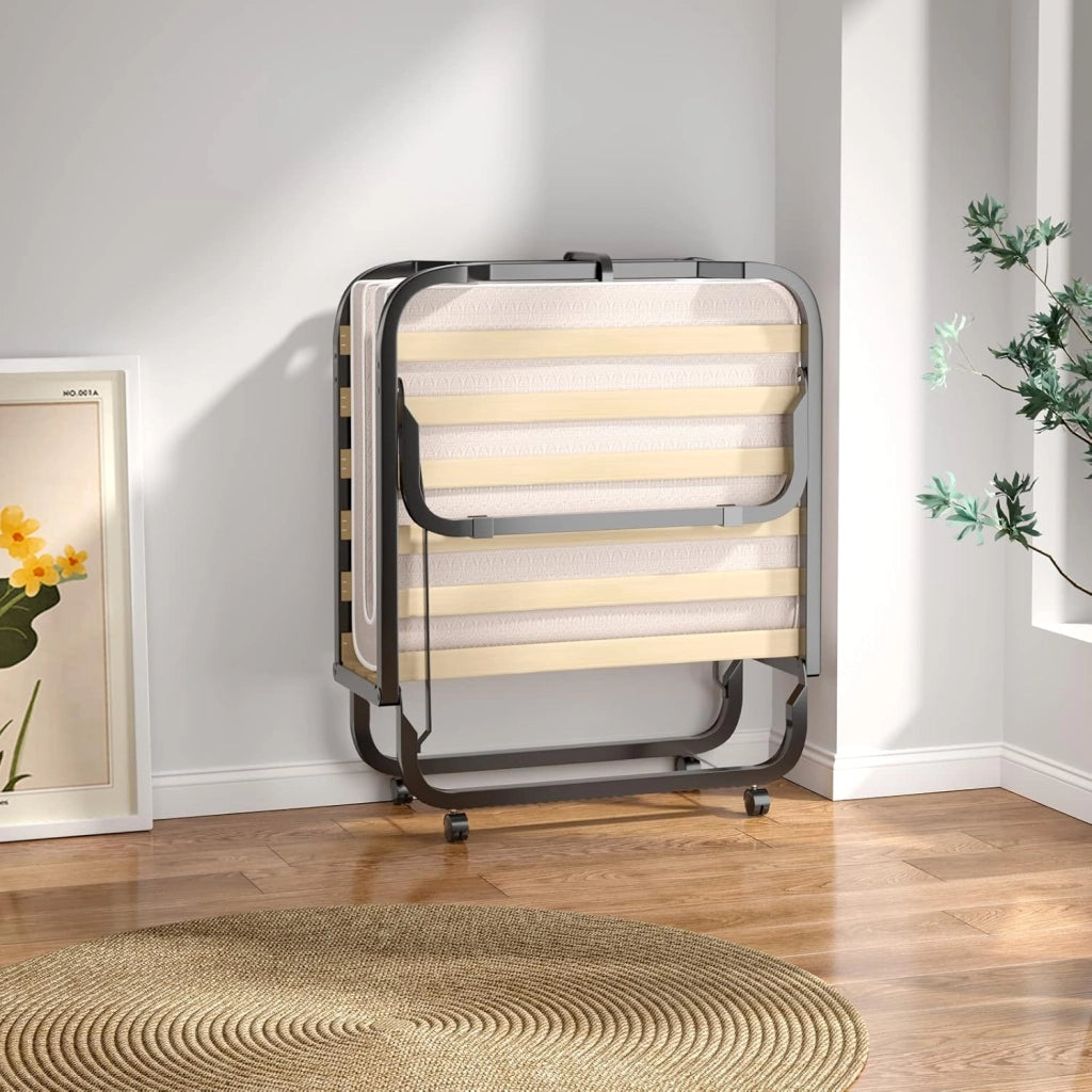 Letto Singolo Pieghevole, Portata di 120 kg, con 4 Ruote, 4 Gambe in Mettallo, Fibbia Fissata, 90 x 200 cm, Materasso di 10 cm, Ideale per Viaggio e di Riserva
