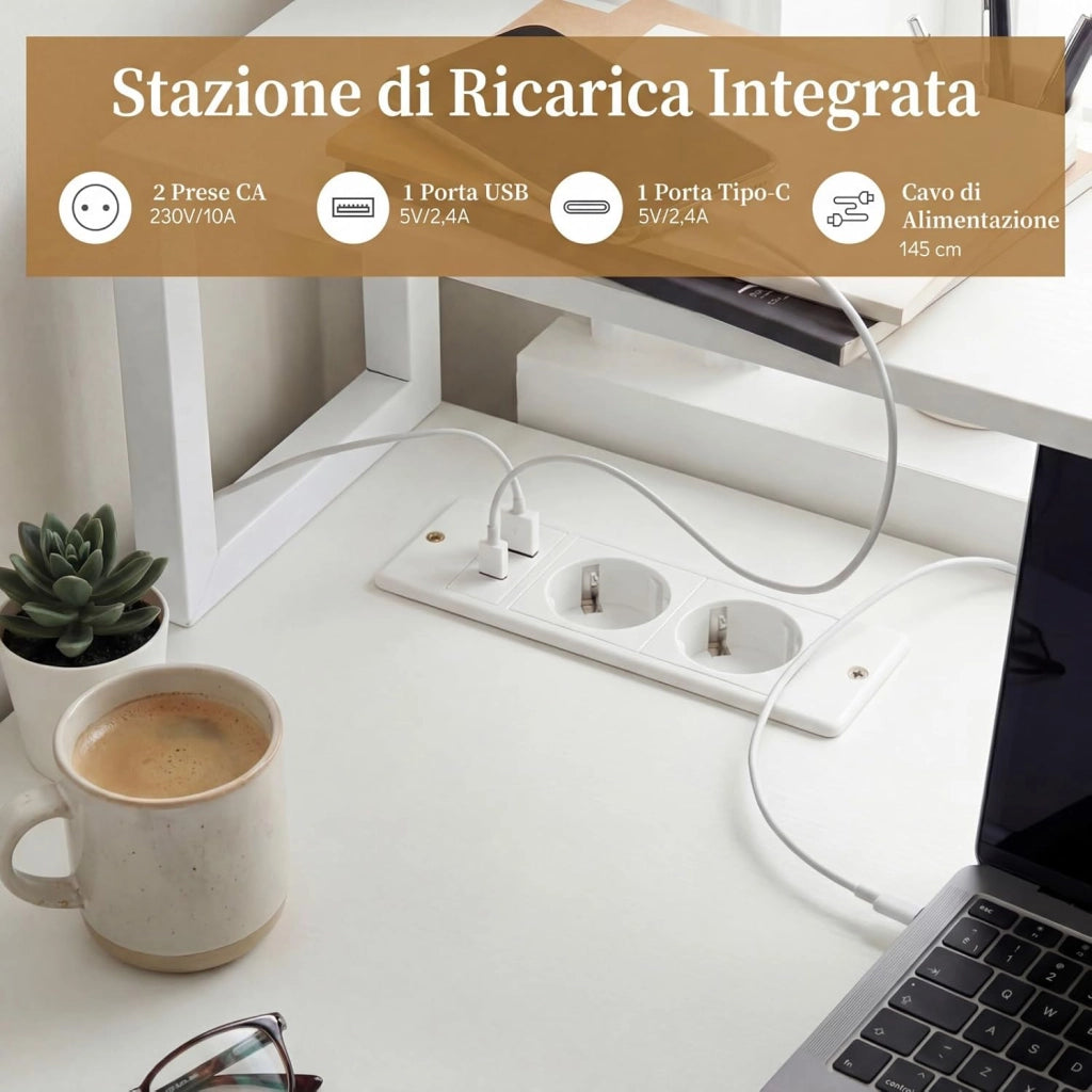 Scrivania Angolare con Prese di Alimentazione, Scrivania ad Angolo Salvasapazio con Cassetto, Supporti per Stampante e Monitor e Cubi, Scrittoio per Studio, Lavoro e Gaming
