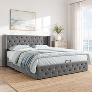 Letto imbottito in velluto grigio 180x200 con contenitore idraulico, testiera Chesterfield e rete a doghe