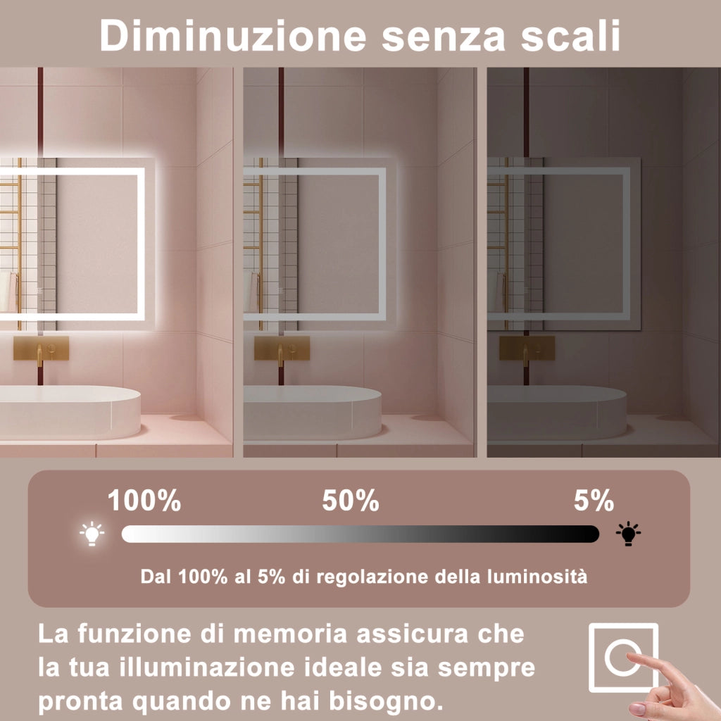 AICA Specchio da bagno  80 x 120 cm, dimmerabile, interruttore touch, Funzione Memoria, antiappannamento