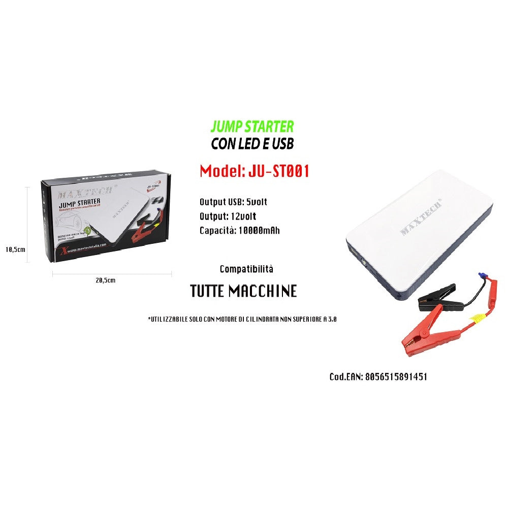 Trade Shop - Avviatore Portatile Compatto Jump Starter Con Led Usb 10000mah Maxtech Ju-st001 -