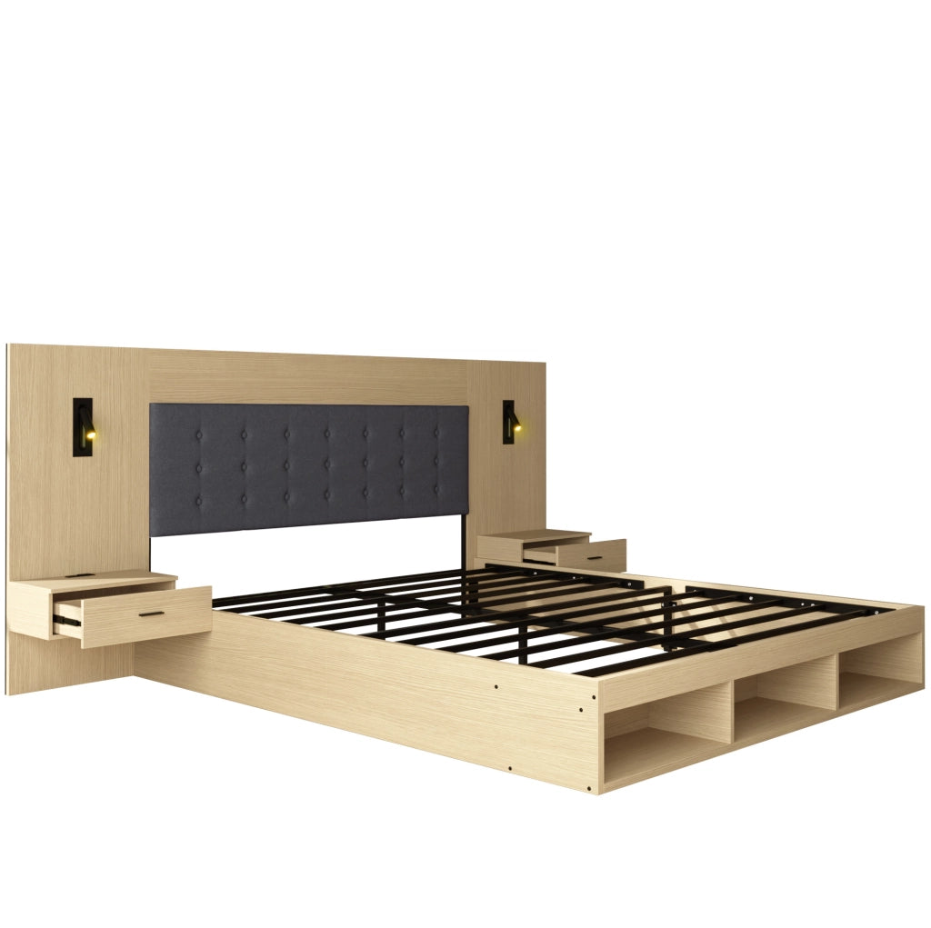 Letto contenitore 180x200 cm con comodini, luci LED e prese USB/Type-C
