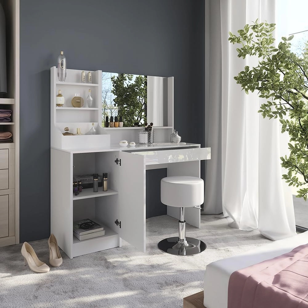 Tavolo da toeletta Sherry, Bianco/bianco lucido, 119.8 cm 4 parti