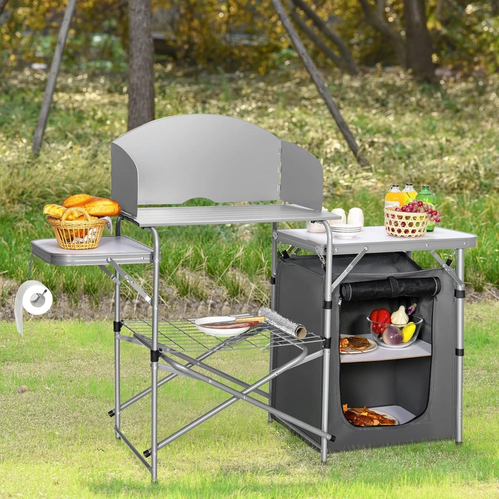 Tavolo da Campeggio all'Aperto con Portaoggetti, Borsa di Stoccaggio per il Trasporto, Tavolo da Griglia Pieghevole e Portatile per Feste BBQ, Campeggio, Grigio