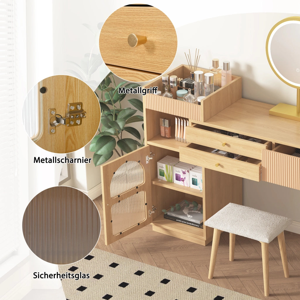 Toeletta con 3 cassetti e specchio LED - per camera da letto - 120×40×90 cm - naturale