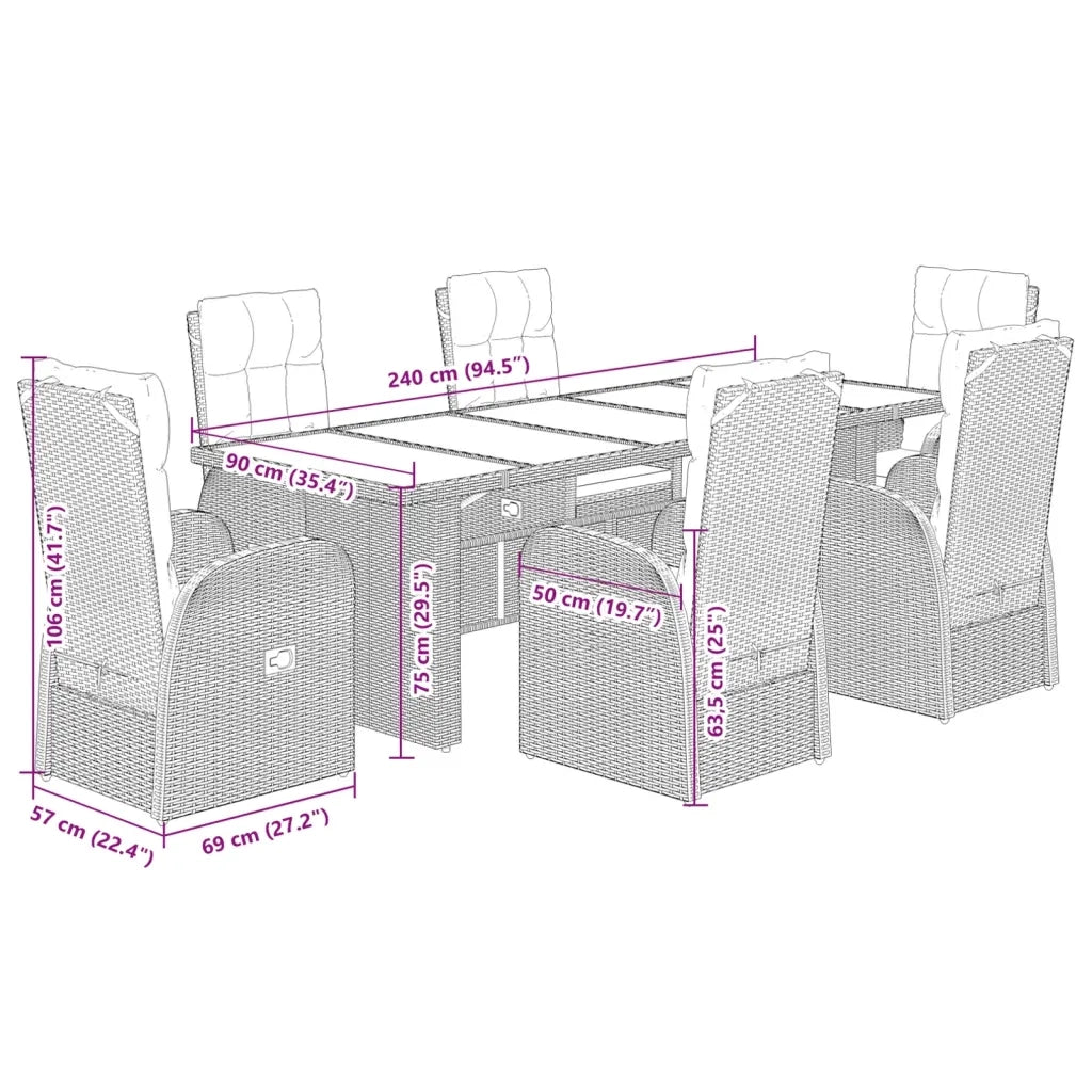 Set da Pranzo da Giardino 7 pz Nero con Cuscini in Polyrattan