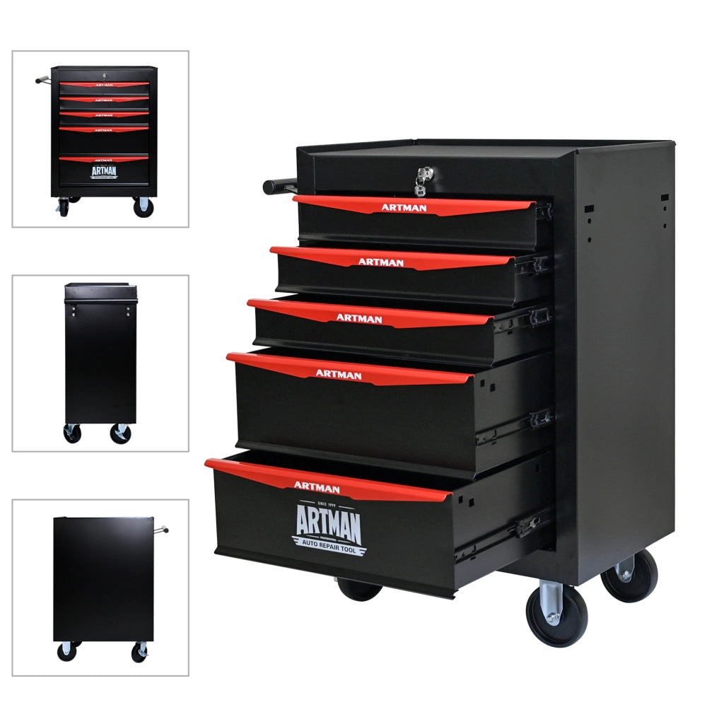 Carrello portattrezzi in acciaio con 5 cassetti e ruote bloccabili, 60x33x77,5 cm, nero e rosso