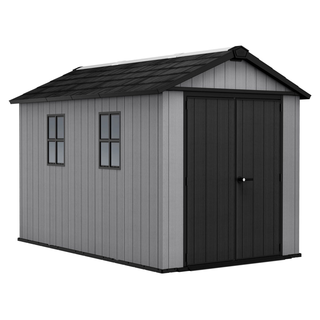 Newton + 7511/1175 - Casetta da Giardino 350x246x230 cm 2 Ante per deposito attrezzi finitura effetto legno Evotech+ in Resina Grigio e Nero