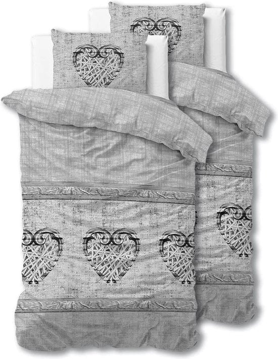 Set di lenzuola a 4 pezzi 135cm x 200cm a 4 pezzi grigio - vintage cuori - lenzuola di cotone morbide e senza stiratura con chiusura a zip - set di lenzuola con 2 cuscini 80cm x 80cm