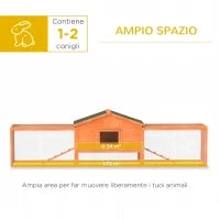 Conigliera da Esterno con Casetta, Rampe e 2 Recinti in Legno, 309x69.5x87cm, Arancione