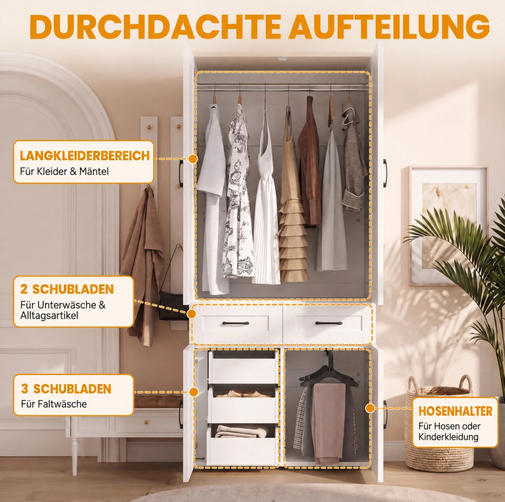 Armadio ULEVR 90x50x200 cm con 4 ante, 5 cassetti e 2 barre appendiabiti, MDF bianco stile rustico