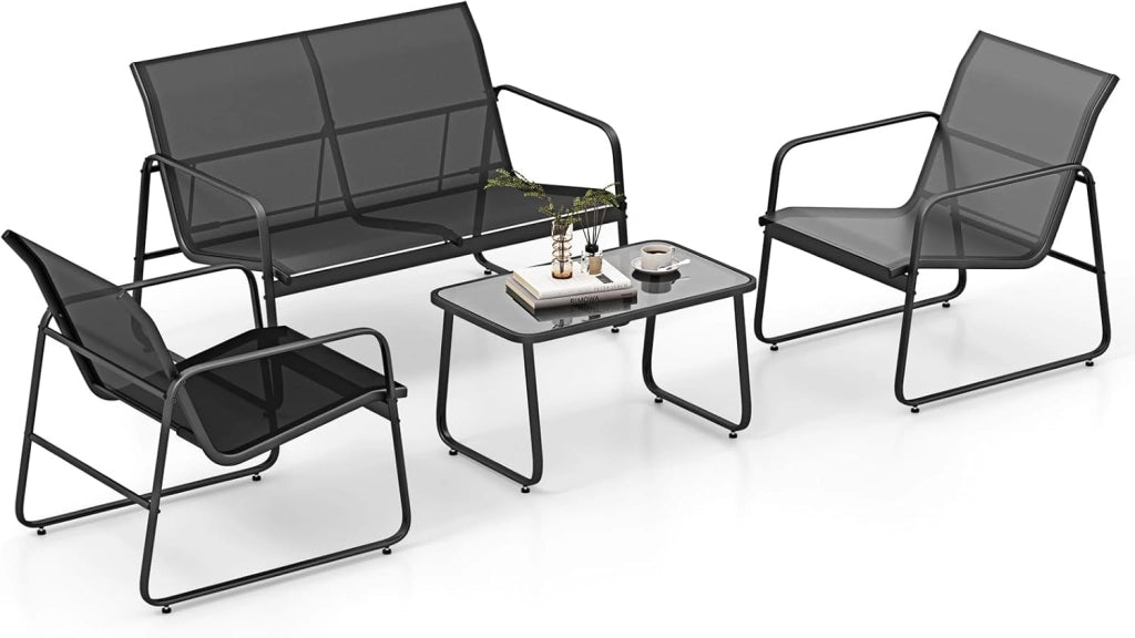 Set di mobili da giardino 4 pezzi, tavolino da caffè in vetro temperato, divano a 2 posti, 2 sedie, per 4 persone, tessuto traspirante, mobili per patio, terrazza