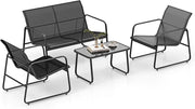 Set di mobili da giardino 4 pezzi, tavolino da caffè in vetro temperato, divano a 2 posti, 2 sedie, per 4 persone, tessuto traspirante, mobili per patio, terrazza