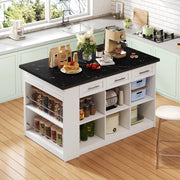 Isola cucina moderna con tavolo estraibile 150x90 cm, bianco, MDF effetto marmo