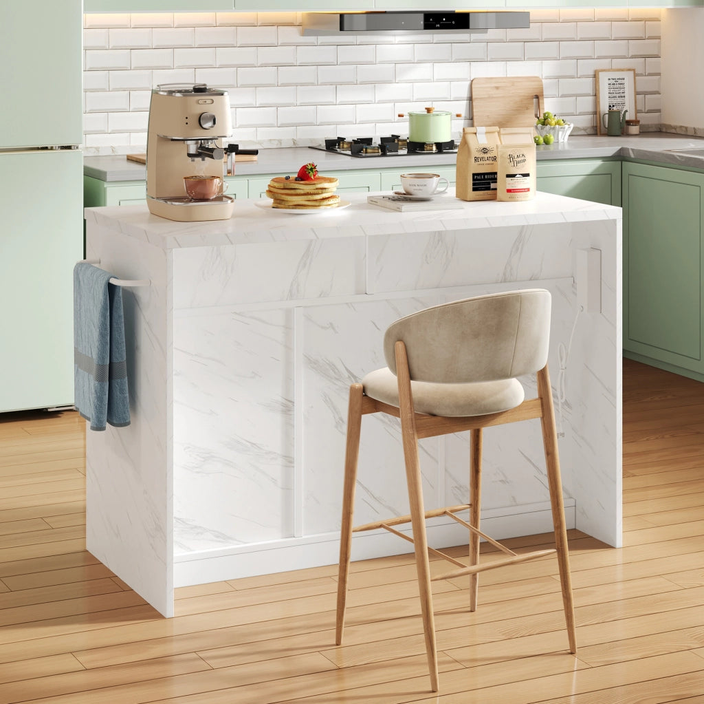 Isola cucina con piano bar 120 x 60 x 91 cm; bianco in MDF con prese e USB