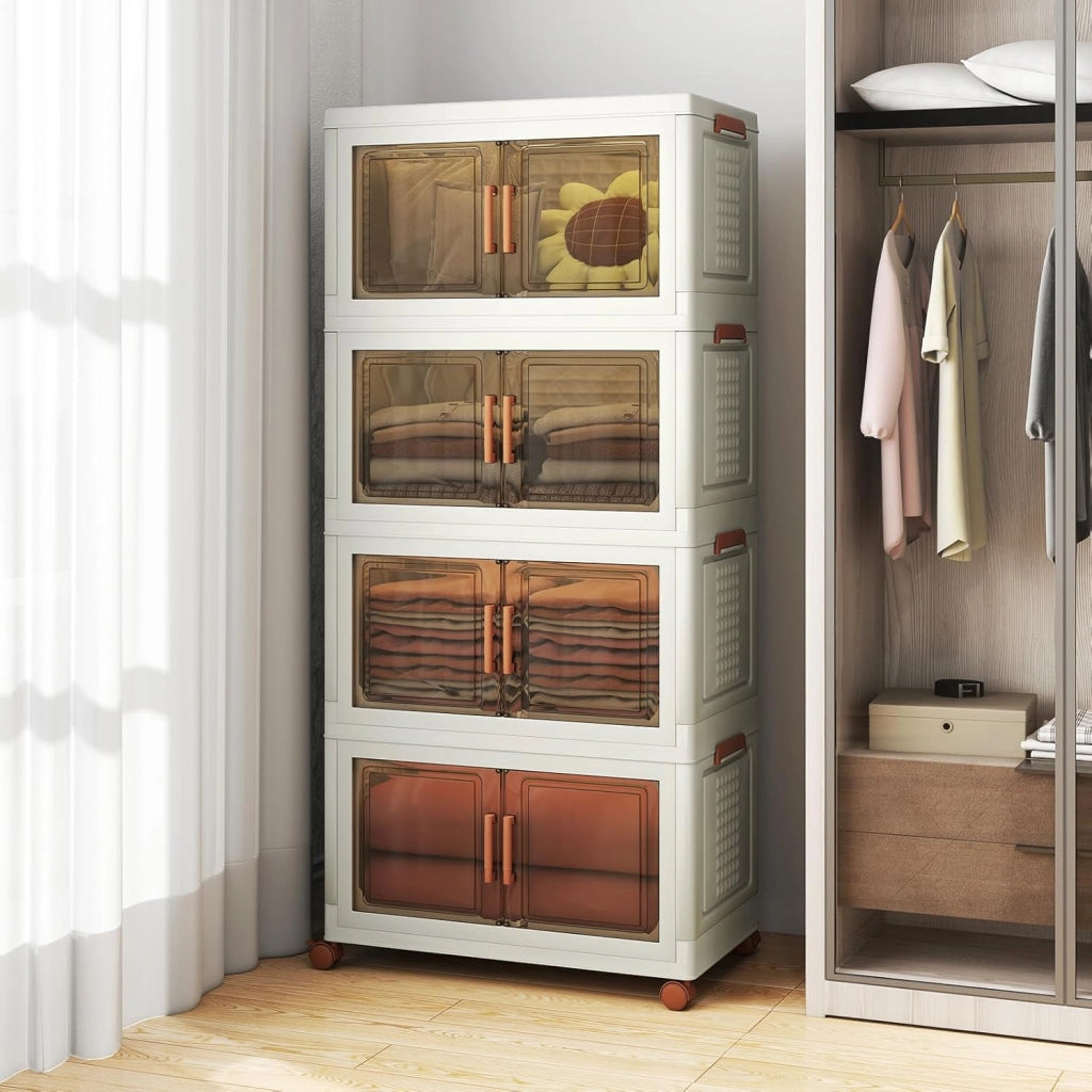 Contenitore di Archiviazione in Plastica, Organizzatore Impilabile con Coperchi e Porte, 4 Ruote, Scatole Organizzatore Pieghevoli per Soggiorno, Camera da Letto (62,5 x 34,5 x 130,5 cm)