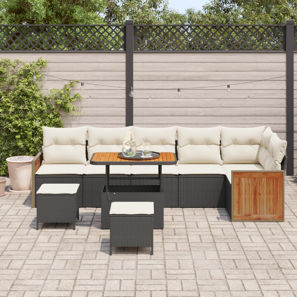 Set Divano da Giardino 9 Pezzi con Cuscini Nero Polyrattan Acacia