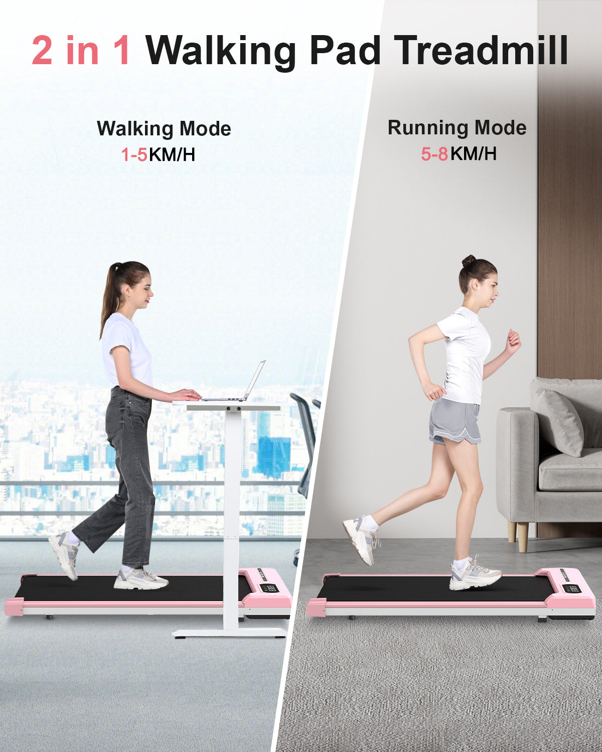 Tapis roulant 1-8km/h - RATTANTREE - Walking pad, Tapis roulant elettrico, display LED, Carico massimo di 120 kg, Rosa