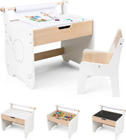 Set Tavolo e Sedia per Bambini 2 in 1, Set con Scrivania e Sedia in Legno per Bambini con Piano Rimovibile, Spazio di Archiviazione e Porta Rotolo di Carta per Aula e Cameretta (Bianco)