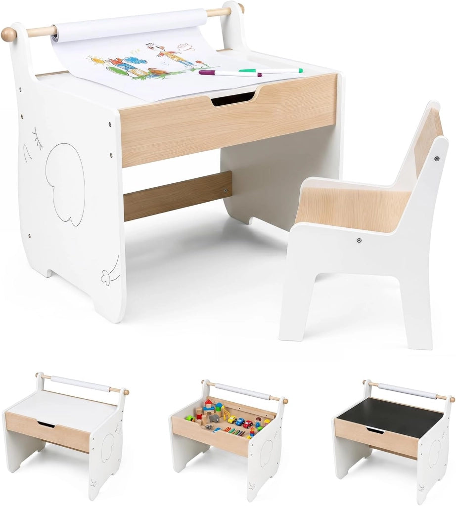 Set Tavolo e Sedia per Bambini 2 in 1, Set con Scrivania e Sedia in Legno per Bambini con Piano Rimovibile, Spazio di Archiviazione e Porta Rotolo di Carta per Aula e Cameretta (Bianco)