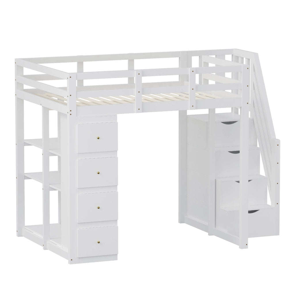 OKWISH Letto a Soppalco 140×200 cm, Letto Matrimoniale con 4 Cassetti, Scala Contenitore e Mensole, senza Materasso, in Legno, Bianco