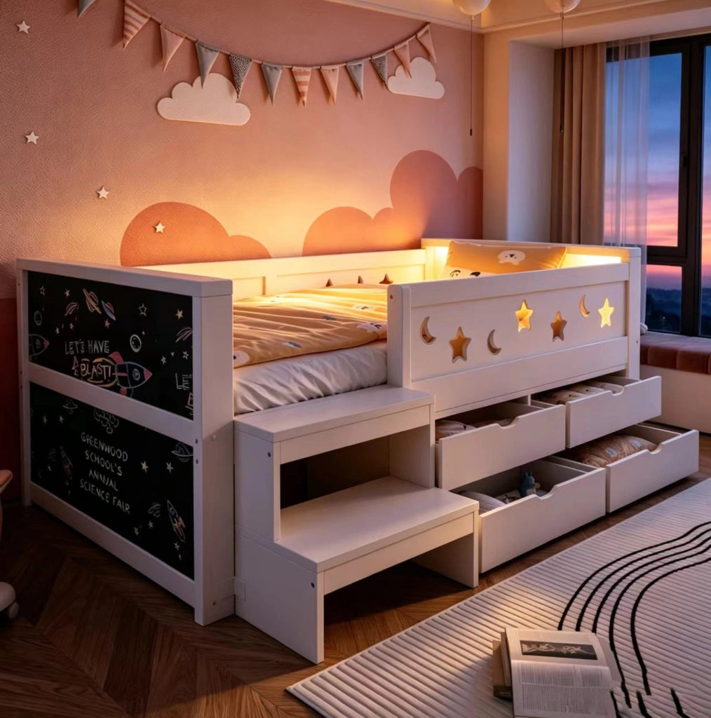 Letto singolo per bambini 90x200 cm con sponde; 4 cassetti; LED e lavagna; bianco