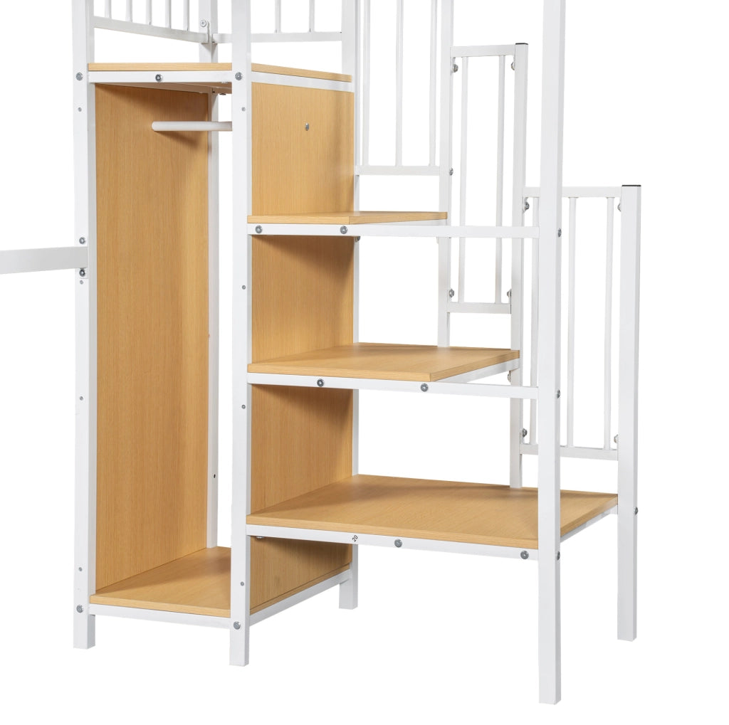 Letto a soppalco 90x200 cm con armadio; scala laterale; MDF e metallo bianco naturale