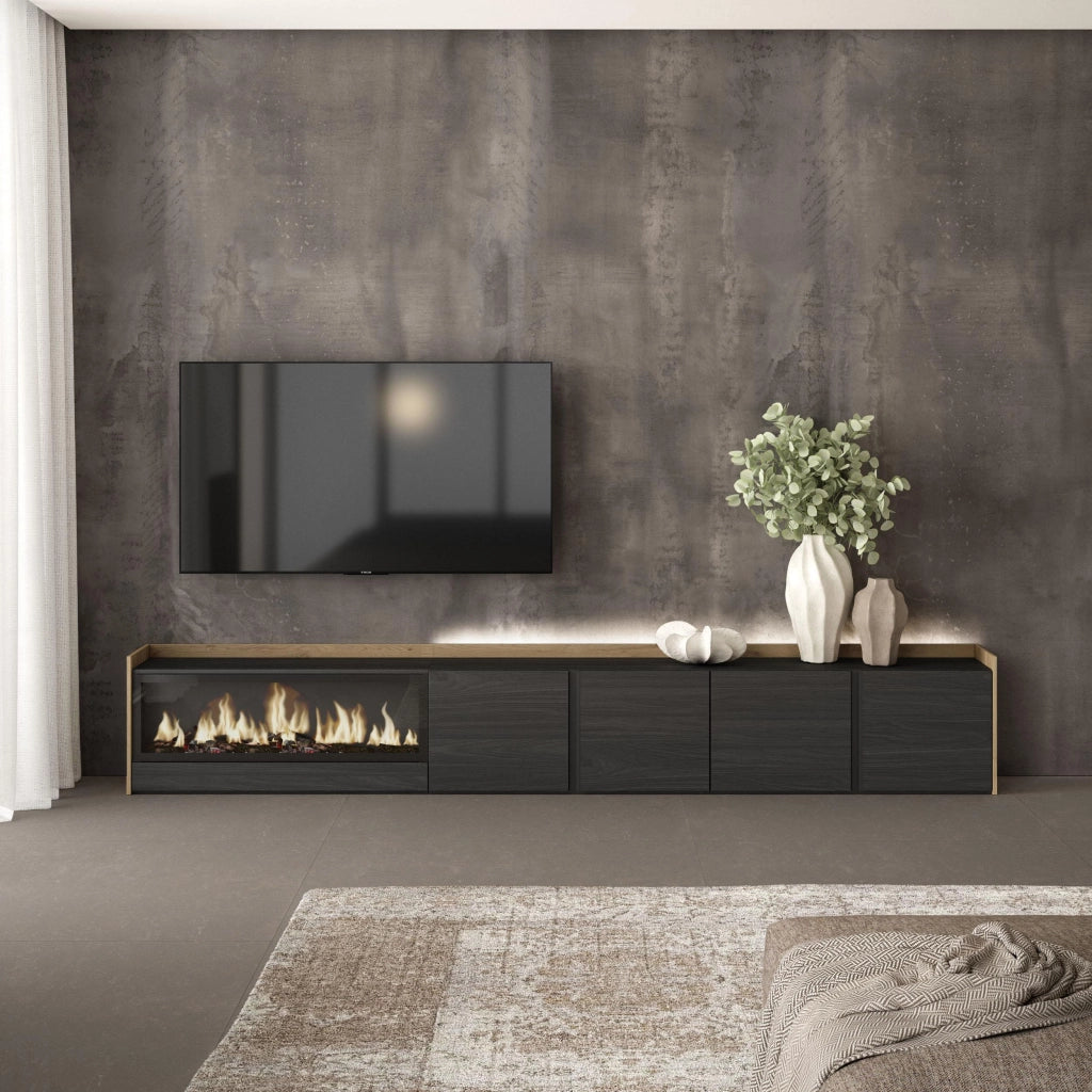 Mobile TV Soggiorno, 315x50x35 cm, Per TV fino a 80", Camino elettrico XXL, LED, Nero e rovere