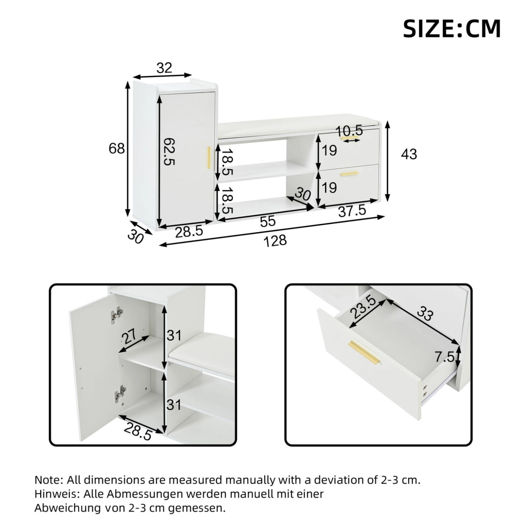 Scarpiera salvaspazio 128x30x68 cm con 2 cassetti; 1 anta e seduta imbottita; bianco lucido