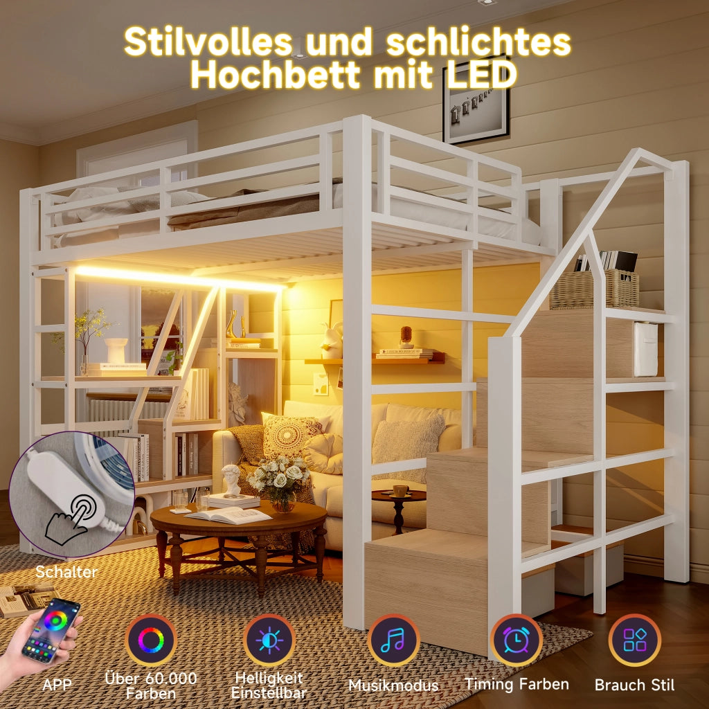 Letto a castello bianco con funzione contenitore e illuminazione LED in metallo e MDF 140x200 cm