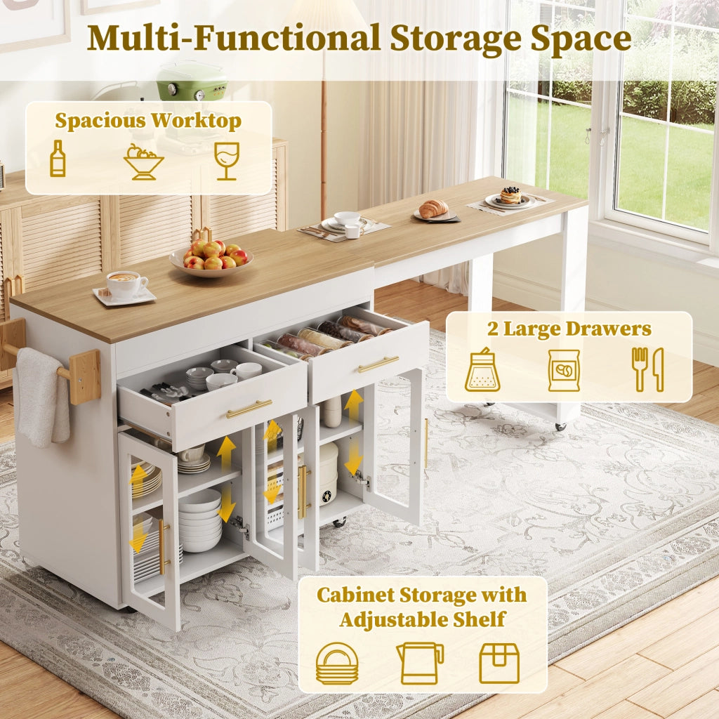 Carrello da cucina con piano estraibile, 2 cassetti, 2 ante in vetro, per cucina, in MDF bianco, 132,5-217 × 50 × 93 cm