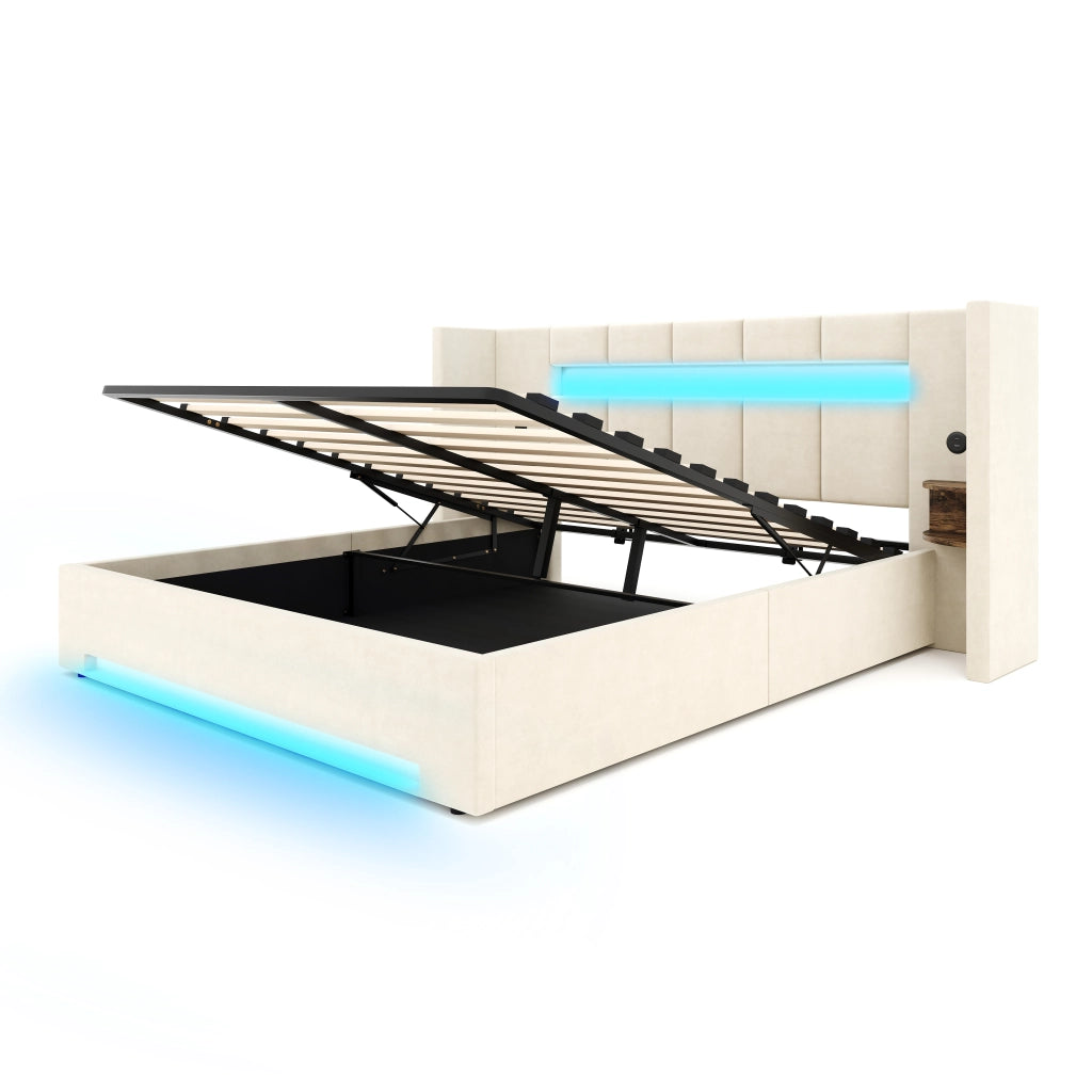 Letto matrimoniale imbottito in velluto beige 160x200 cm con testiera ampia, USB, LED e contenitore