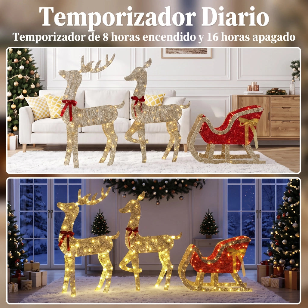 Set natalizio da esterno composto da 3 renne con slitta 3D, 200 luci LED bianco caldo, 8 modalità e timer.