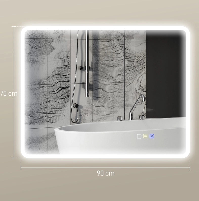 Specchio da Bagno LED Bluetooth 90x70cm Argento, Touchscreen, Anti-Bug, Memoria