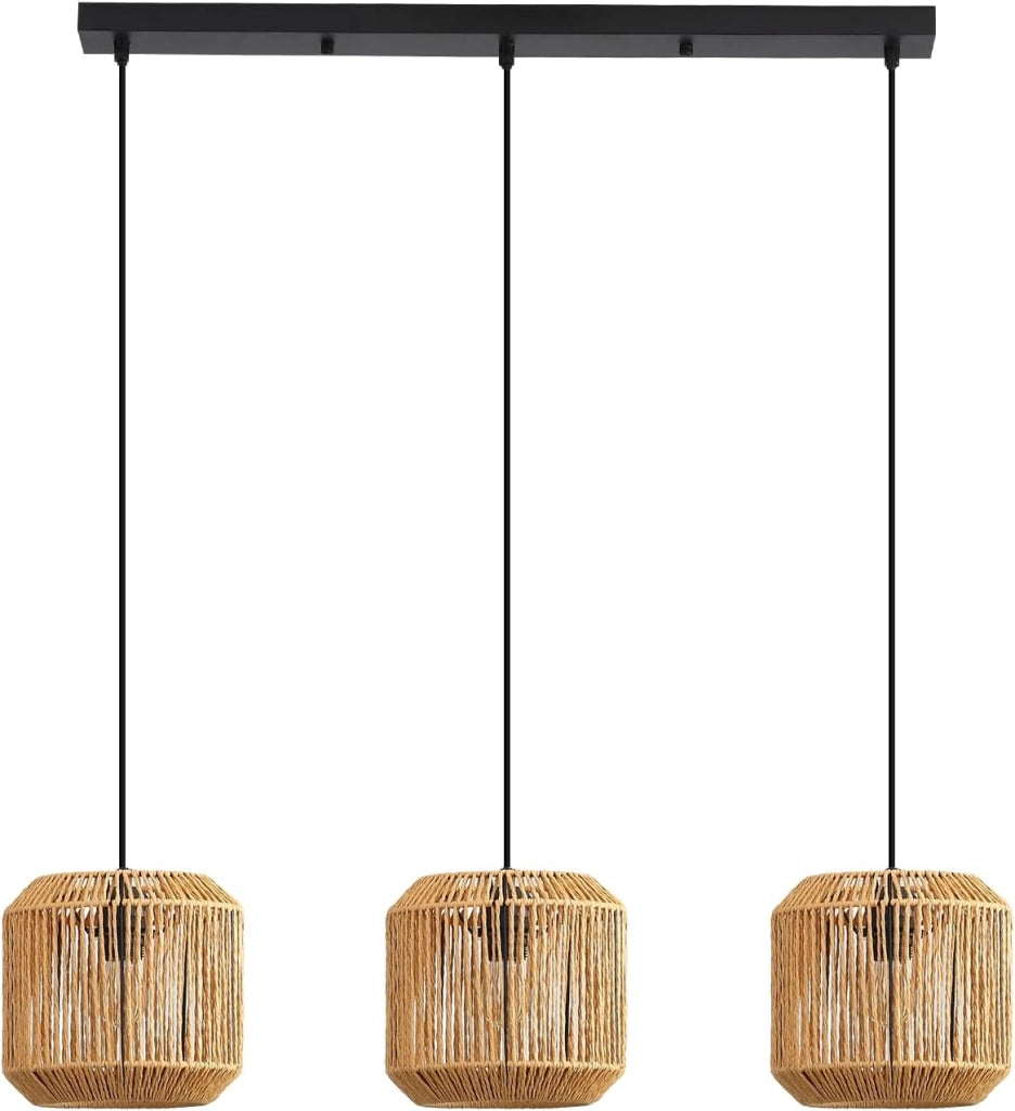 Lampada a sospensione ZMH vintage a 3 luci in stile legno e rattan (lampadina non inclusa)