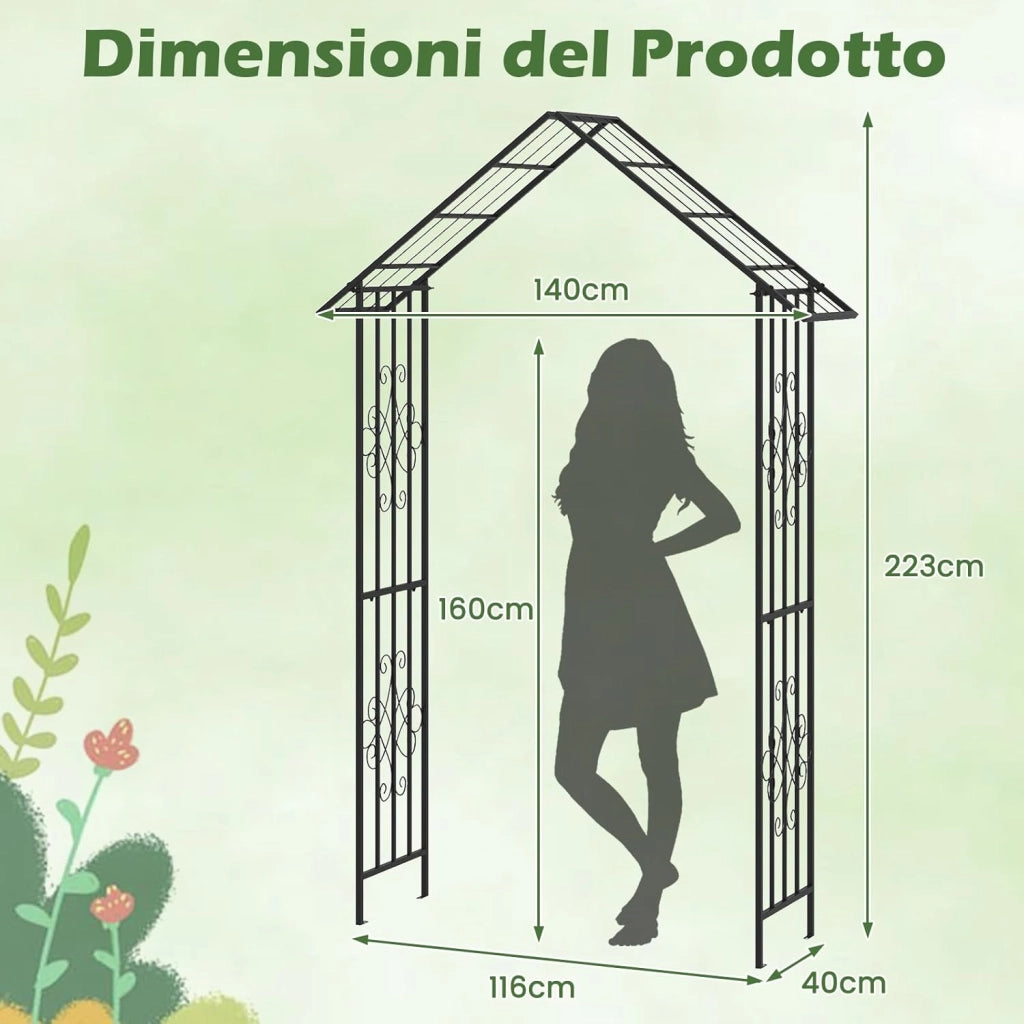 Arco da Giardino per Rampicanti, Arco da Giardino a Forma di Tetto in Metallo Zincato Resistente, Ideale per Feste e Ceremonie, 140 x 40 x 223 cm, Nero