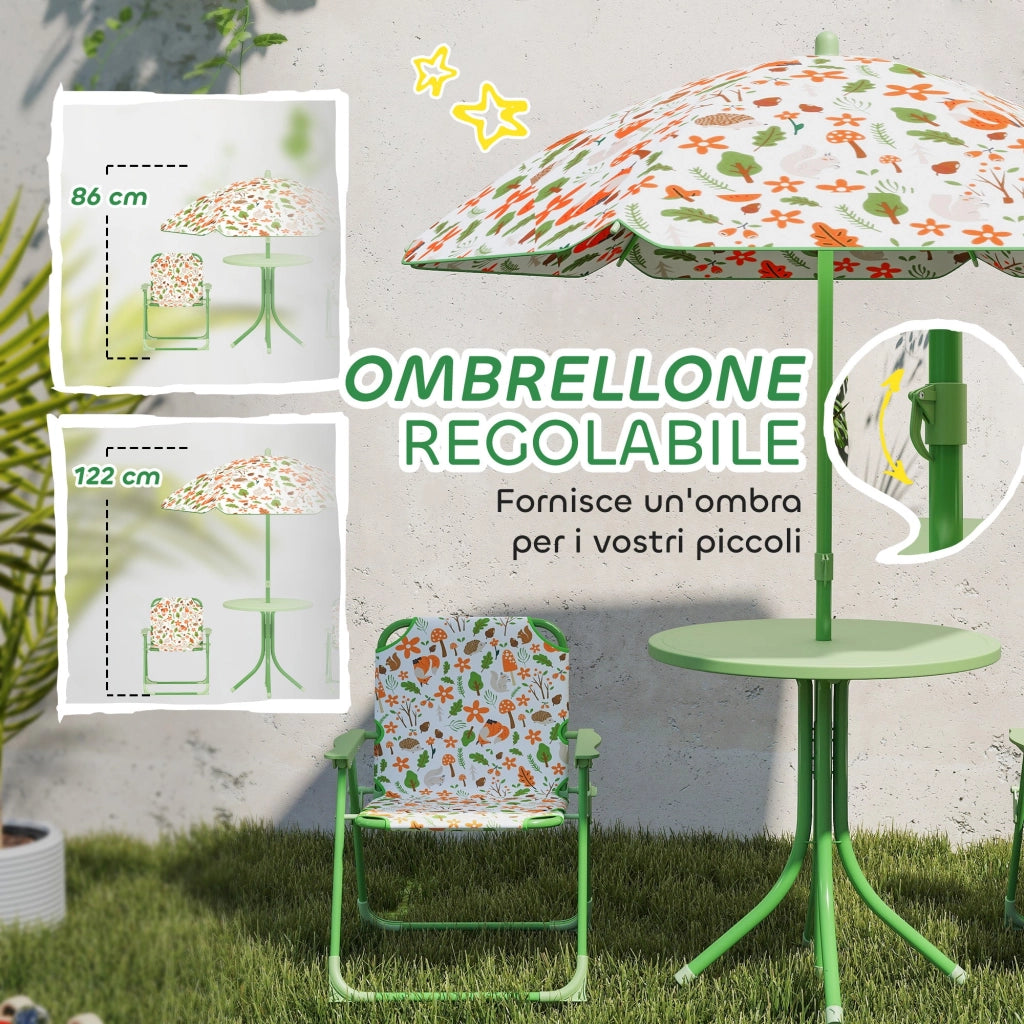 Set da Giardino per Bambini 2-5 Anni con Tavolino 2 Sedie e un Ombrellone Verde