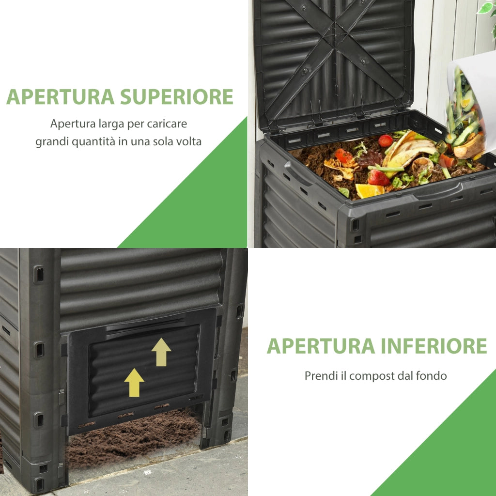 EasyComfort Compostiera da Giardino, Compostiera Domestica da 300L in Plastica Nera, Bidone per Compost con Coperchio a Incastro
