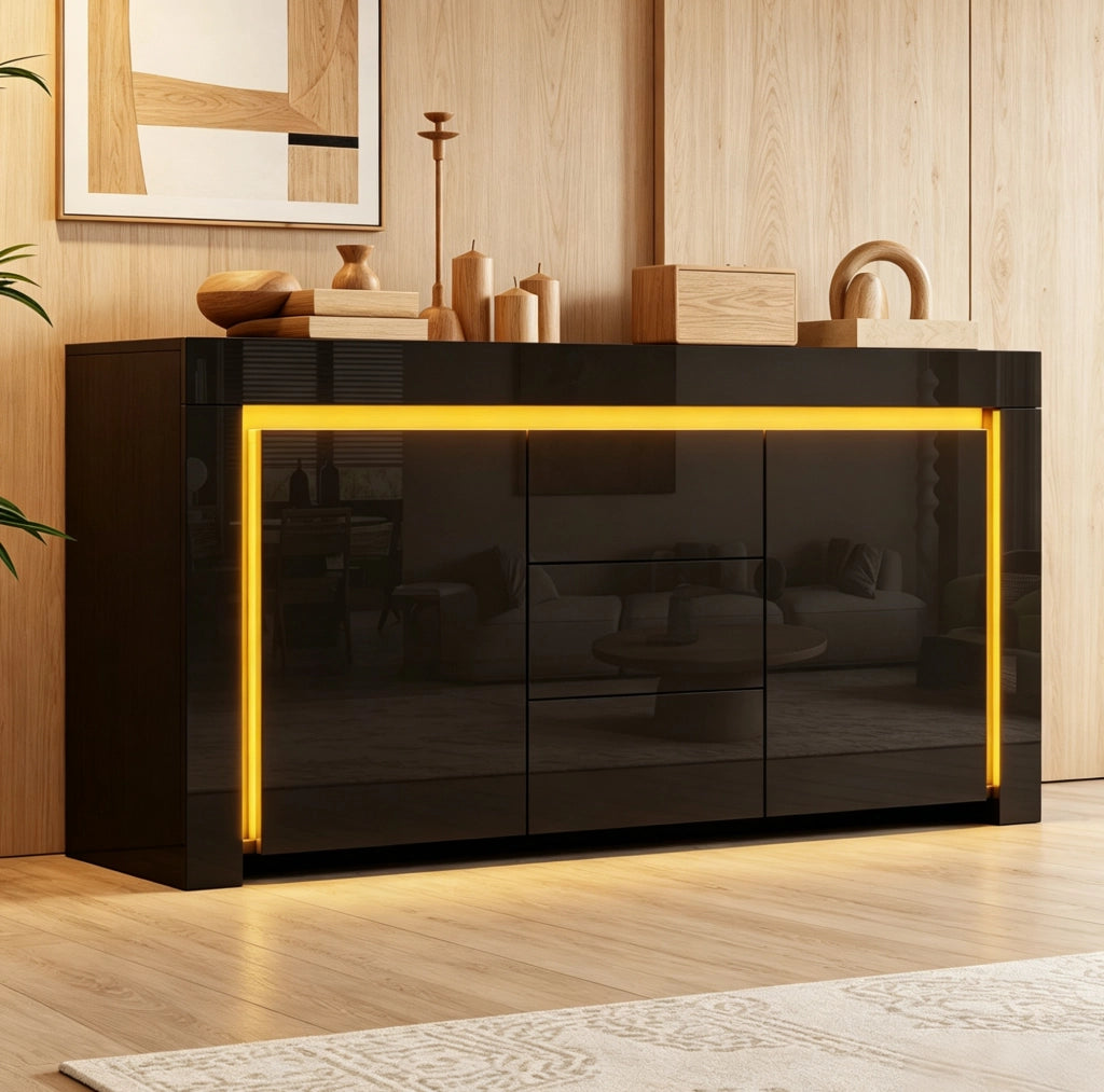 Sideboard nero lucido con 2 ante, 3 cassetti e luci LED